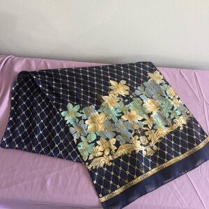 🎈 2/$5 🎈 Vintage Black Scarf with Gold and Teal Floral Motif